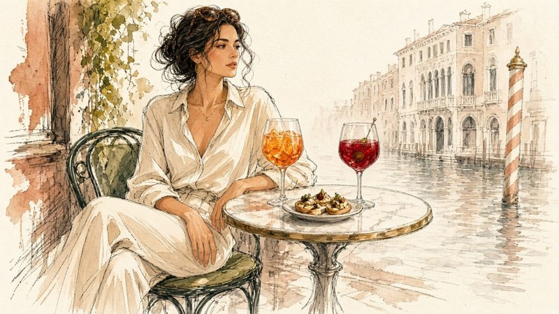 Ilustración en tinta y acuarela de una mujer elegante en una terraza veneciana con una copa de Spritz naranja