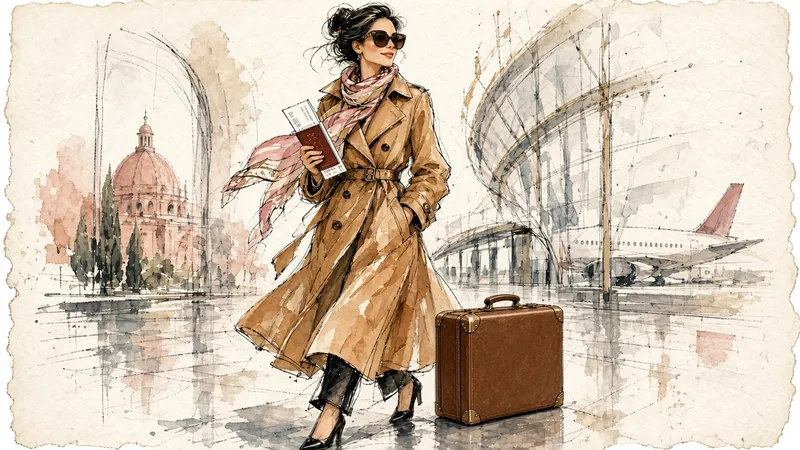 Ilustración en acuarela de una viajera con gabardina camel, pasaporte y tarjeta de embarque en mano, junto a una maleta de cuero en un aeropuerto, con una cúpula colonial y un avión al fondo