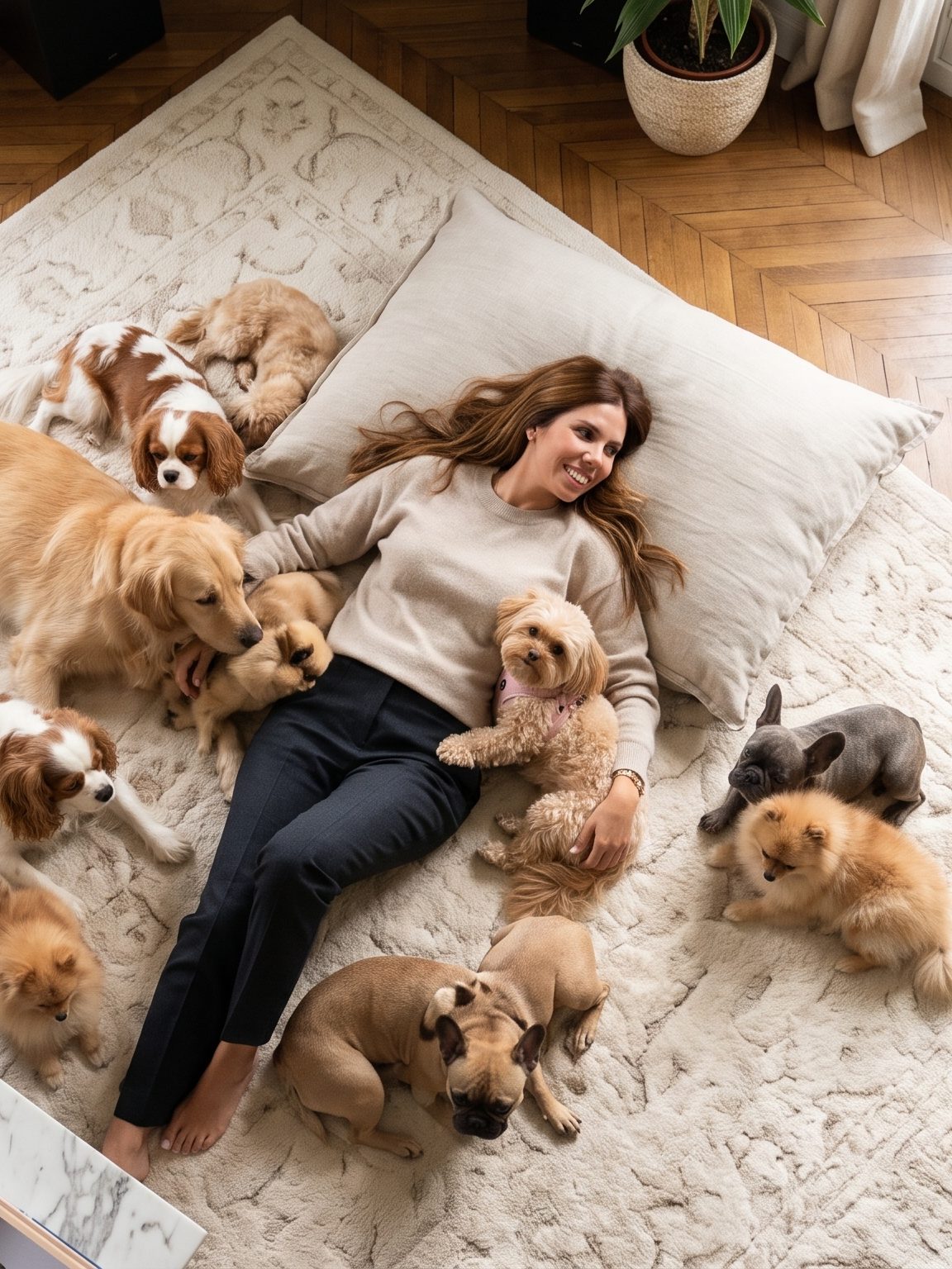 Isabella Duarte lying on a rug surrounded by her dogs
